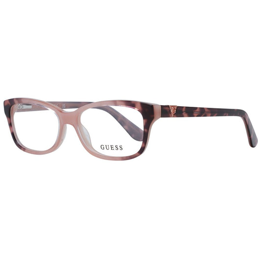 Guess Pink Women Glasses Frame in rose color with full-rim plastic frame, rectangle style, includes branded case, suitable for women.