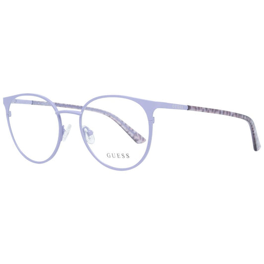 Guess Purple Women Glasses Frame, round full-rim metal design, demo lenses, spring hinge, 50-18-140 dimensions, comes with a branded case.