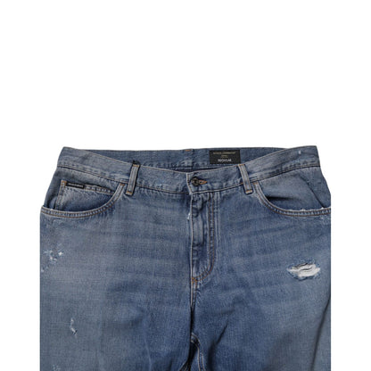 Dolce & Gabbana Blue Tattered Cotton Straight Denim Jeans