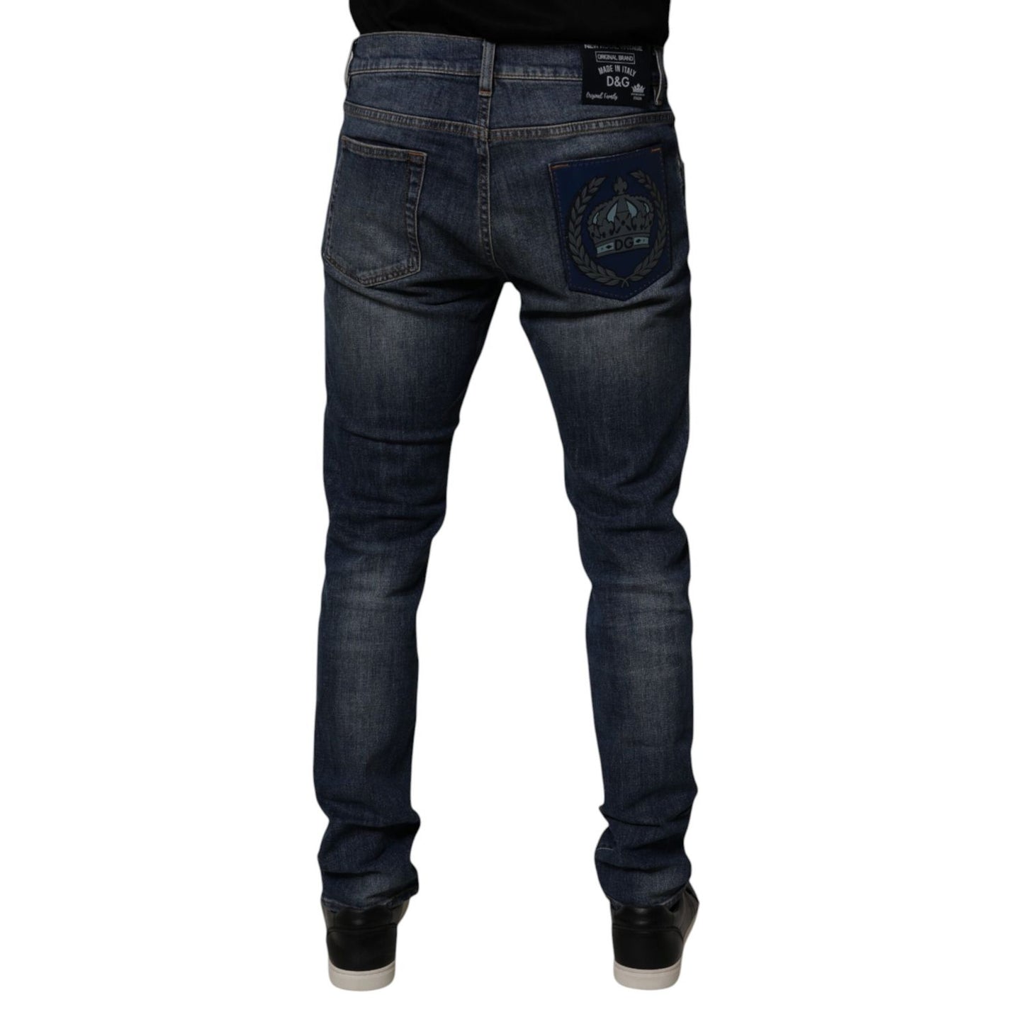 Dolce & Gabbana Dark Blue Cotton Leather Skinny Denim Jeans
