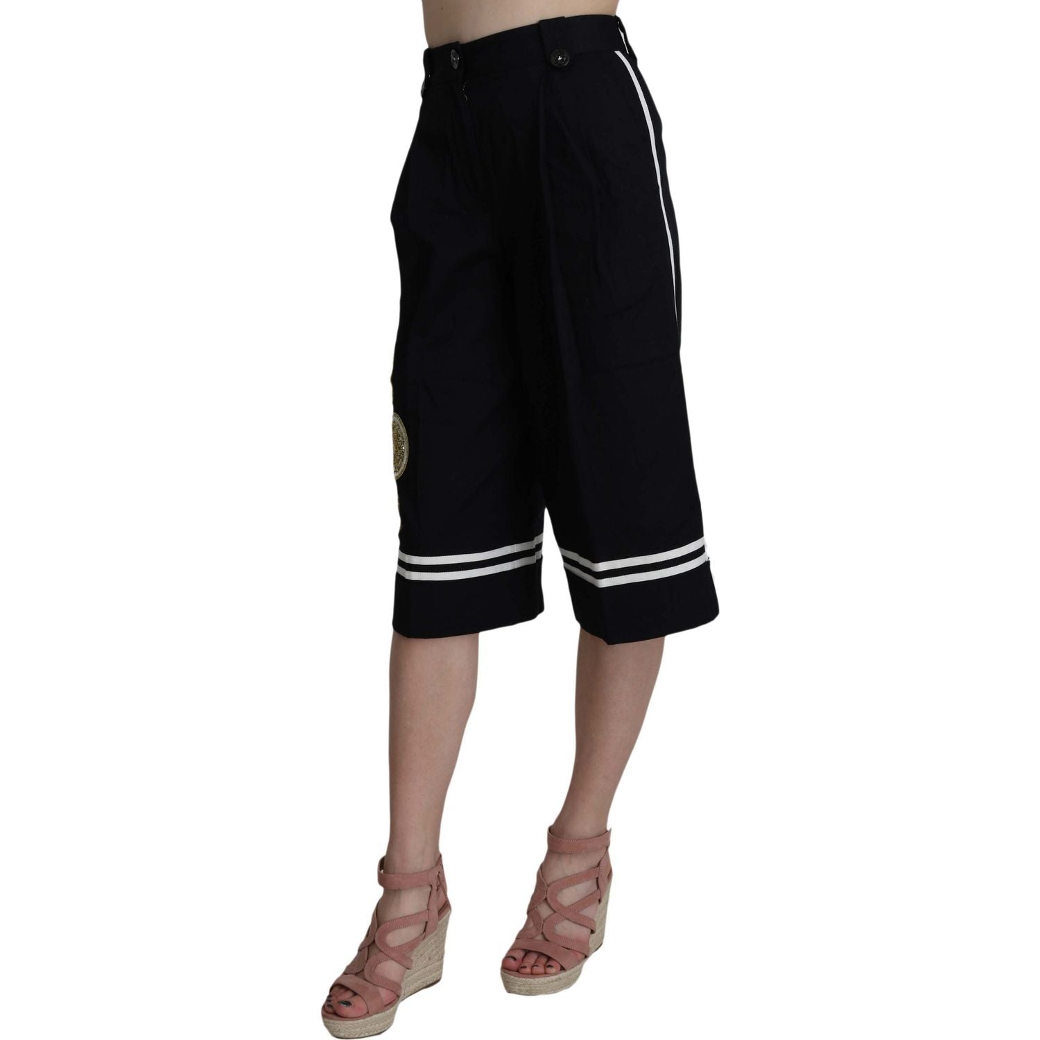 Dolce & Gabbana Black Cotton Cropped Embellished Pants