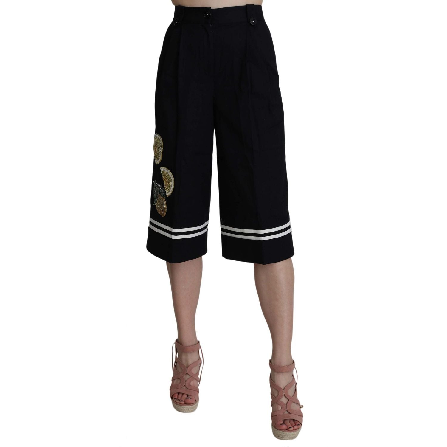 Dolce & Gabbana Black Cotton Cropped Embellished Pants