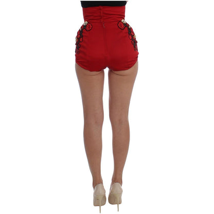 Dolce & Gabbana Red Silk Crystal Roses Shorts