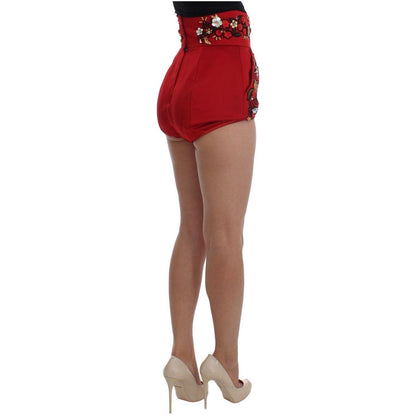 Dolce & Gabbana Red Silk Crystal Roses Shorts
