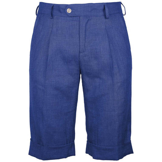 Made in Italy Blue Linen Short with darts, four pockets, and button zip fastening from Loro Piana, indigo wool-linen blend.