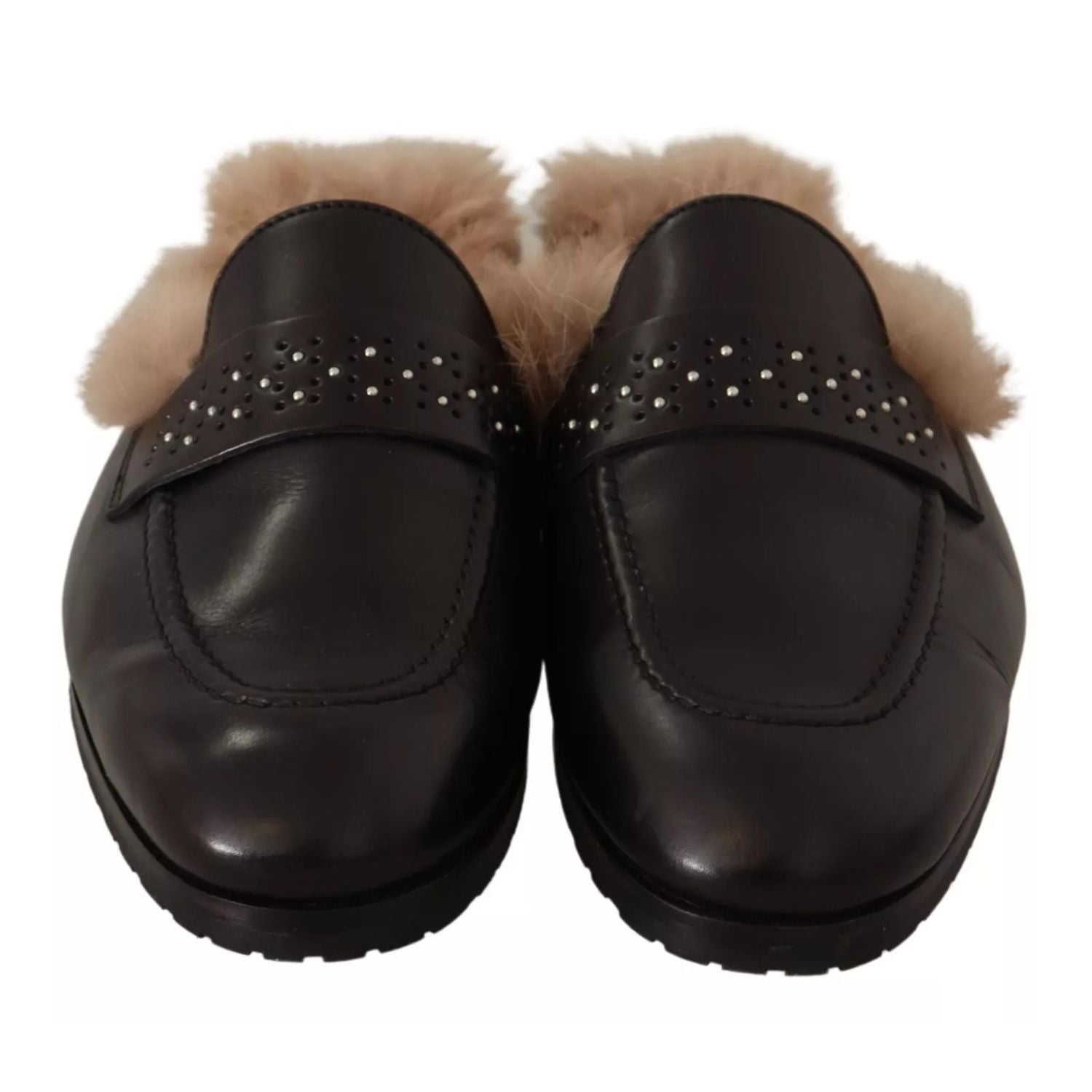 Peserico Black Leather Fur Perforated Slip On Flats Shoes