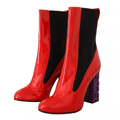 GCDS Red Leather Black Fabric Logo Heel Ankle Boots Shoes