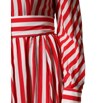 Dolce & Gabbana White Red Stripes Long Sleeves Midi Dress