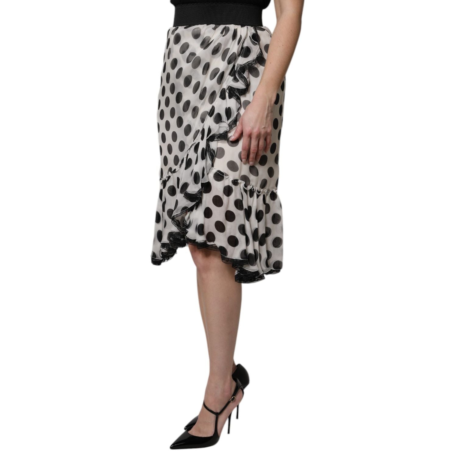 Dolce & Gabbana White Black Polka Dots Knee Length Skirt