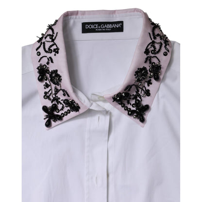 Dolce & Gabbana White Embellished Collared Dress Shirt Top