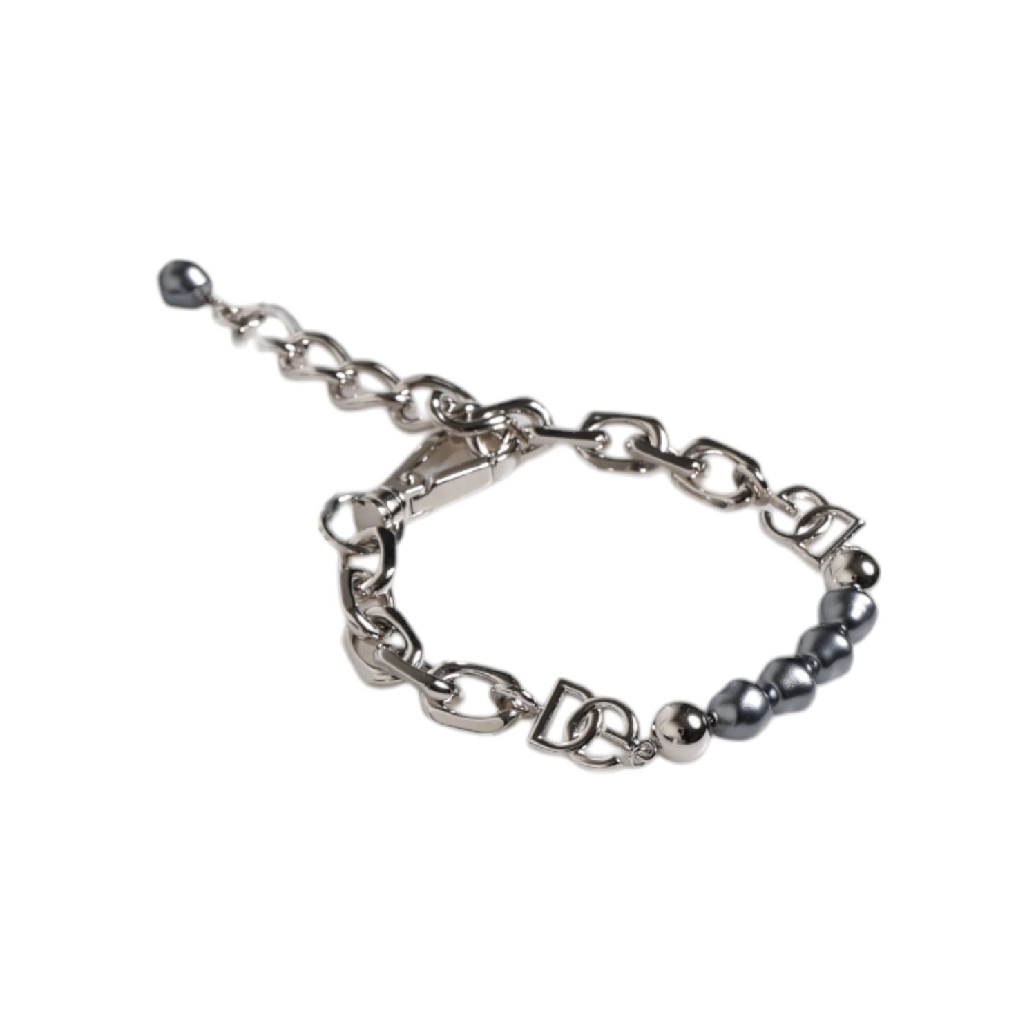 Dolce & Gabbana Silver Tone Chain Lobster Clasp Logo Gray Pearls Bracelet