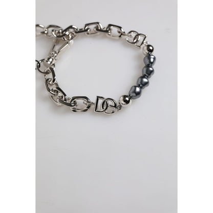 Dolce & Gabbana Silver Tone Chain Lobster Clasp Logo Gray Pearls Bracelet