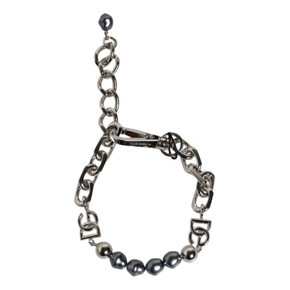 Dolce & Gabbana Silver Tone Chain Lobster Clasp Logo Gray Pearls Bracelet