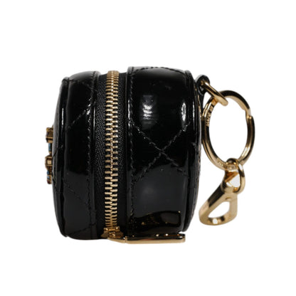 Dolce & Gabbana Black Lamb Leather DG Crystal Round Coin Purse Wallet