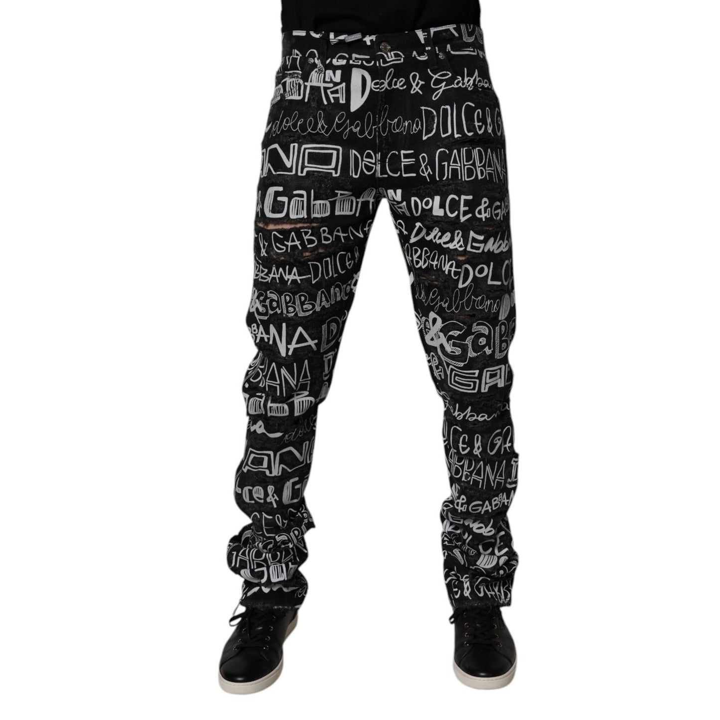 Dolce & Gabbana Black Cotton Logo Print Straight Denim Jeans