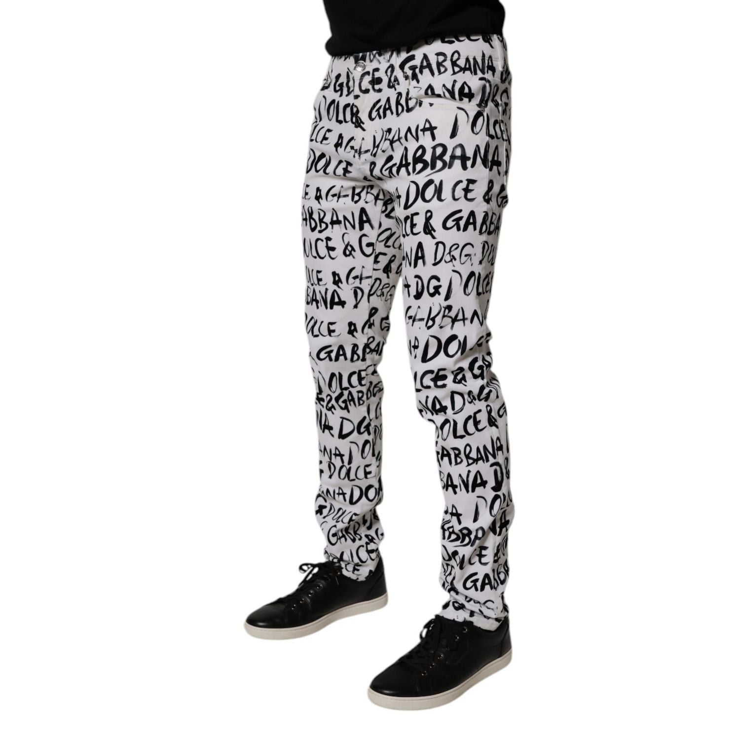 Dolce & Gabbana White Cotton Logo Print Skinny Denim Jeans