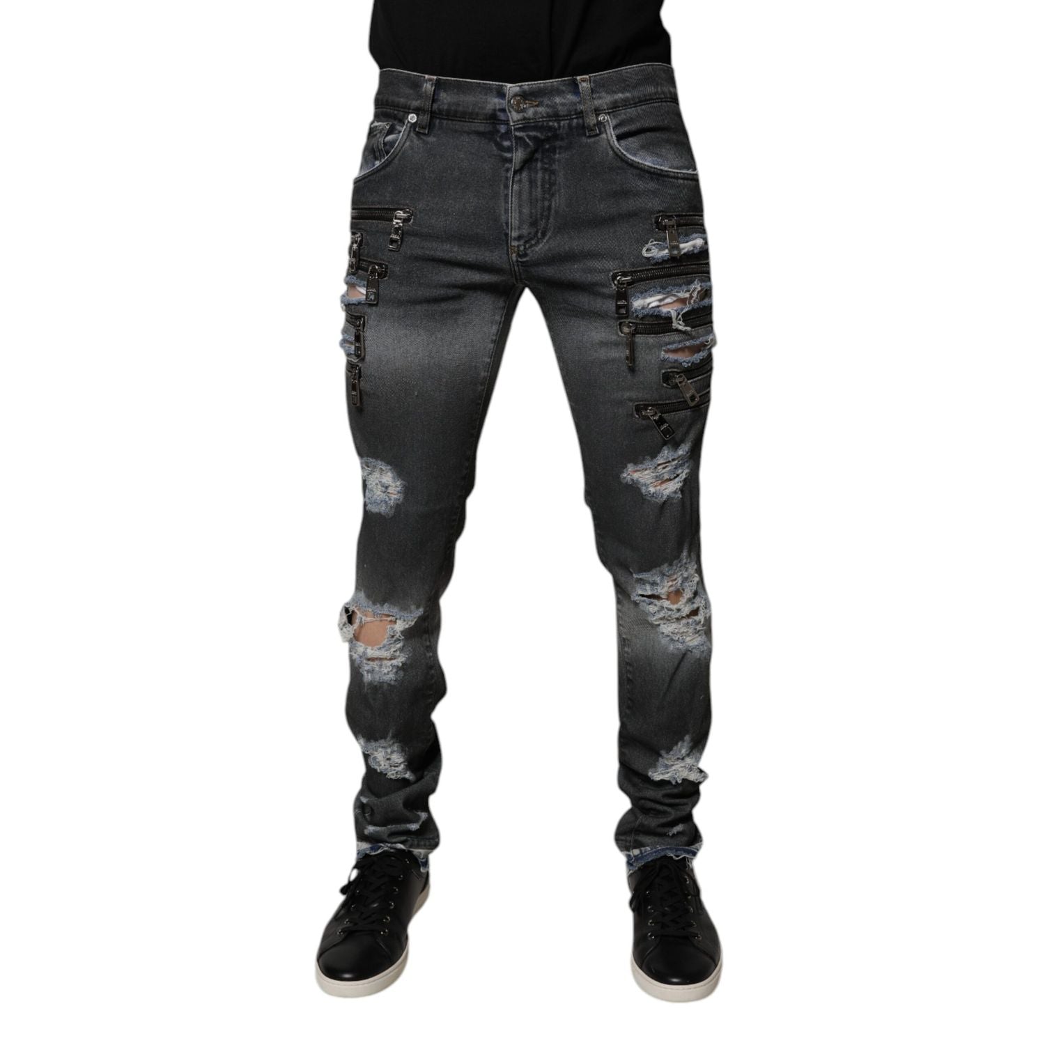 Dolce & Gabbana Dark Gray Tattered Cotton Skinny Denim Jeans