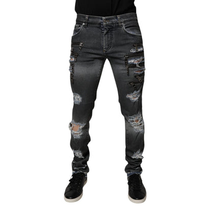 Dolce & Gabbana Dark Gray Tattered Cotton Skinny Denim Jeans