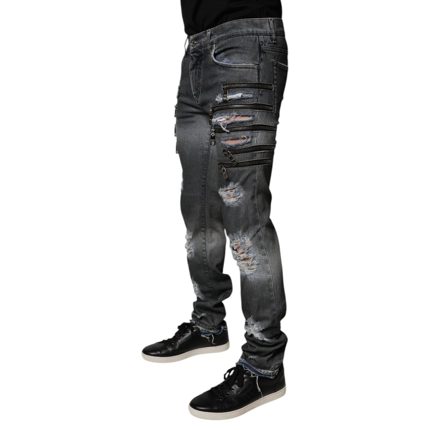 Dolce & Gabbana Dark Gray Tattered Cotton Skinny Denim Jeans