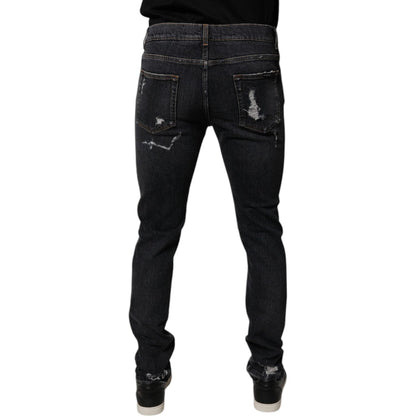 Dolce & Gabbana Black Tattered Cotton Skinny Men Denim Jeans