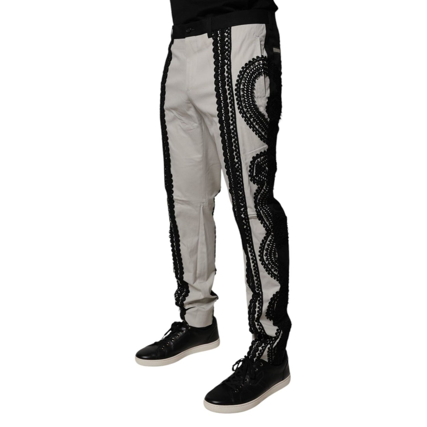 Dolce & Gabbana White Lace Trim Mid Waist Dress Formal Pants