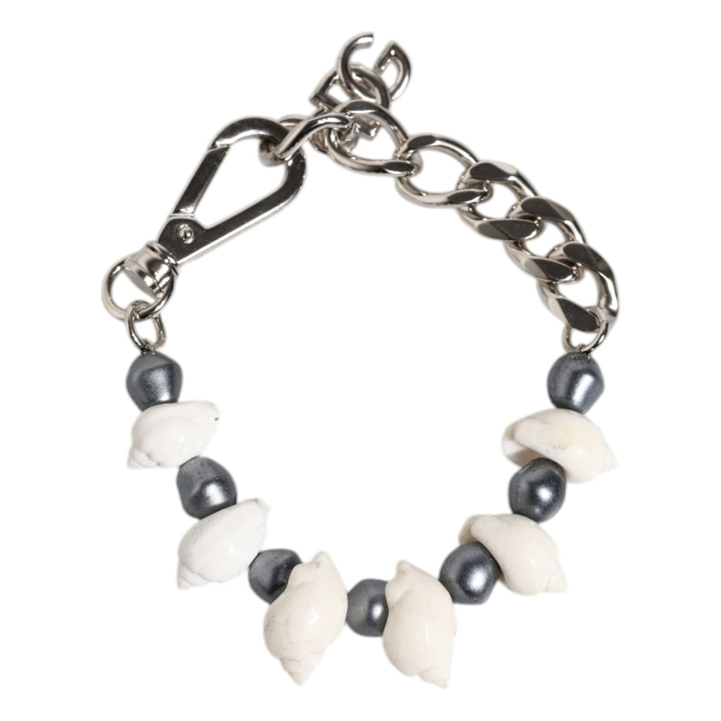 Dolce & Gabbana Silver Tone Brass Beaded Shell DG Logo Pendant Bracelet