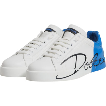 Dolce & Gabbana White Blue Leather Logo Low Top Sneakers Shoes