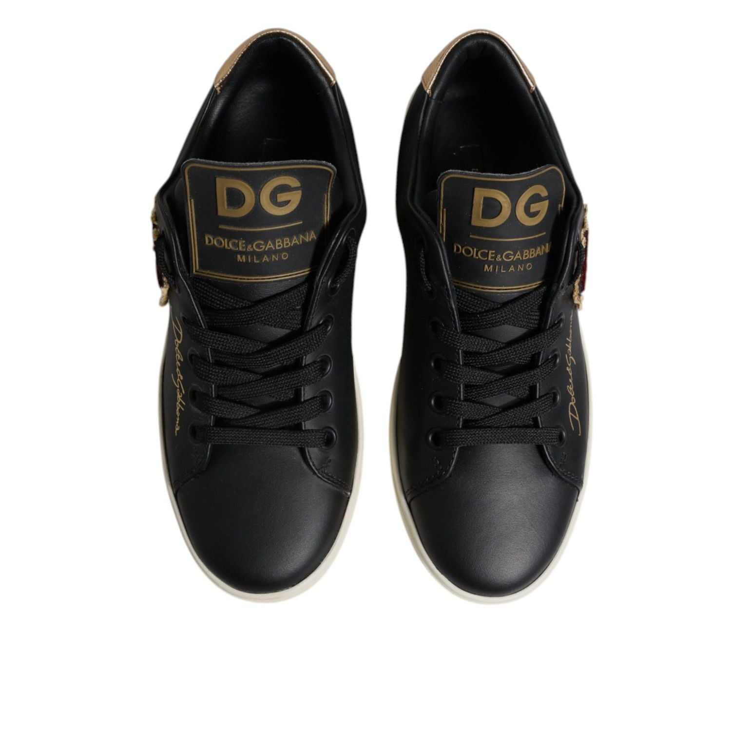 Dolce & Gabbana Black Leather Gold Red Heart Sneakers Shoes