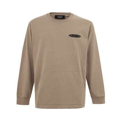 Dsquared² Beige Cotton T-Shirt with black logo, long sleeves, crew neck, maxi front pocket, over fit, made of 100% cotton.