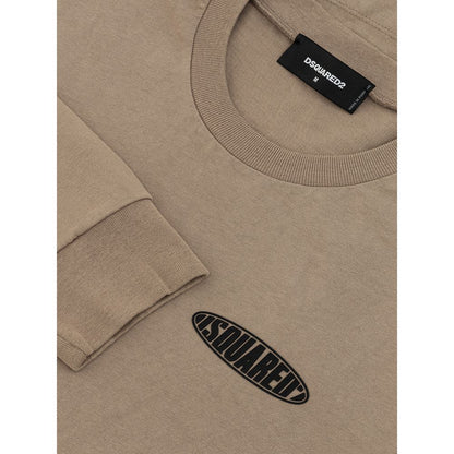 Dsquared² Beige Cotton T-Shirt with logo, crew neck, long sleeves, front pocket, side slits, over fit, 100% cotton.