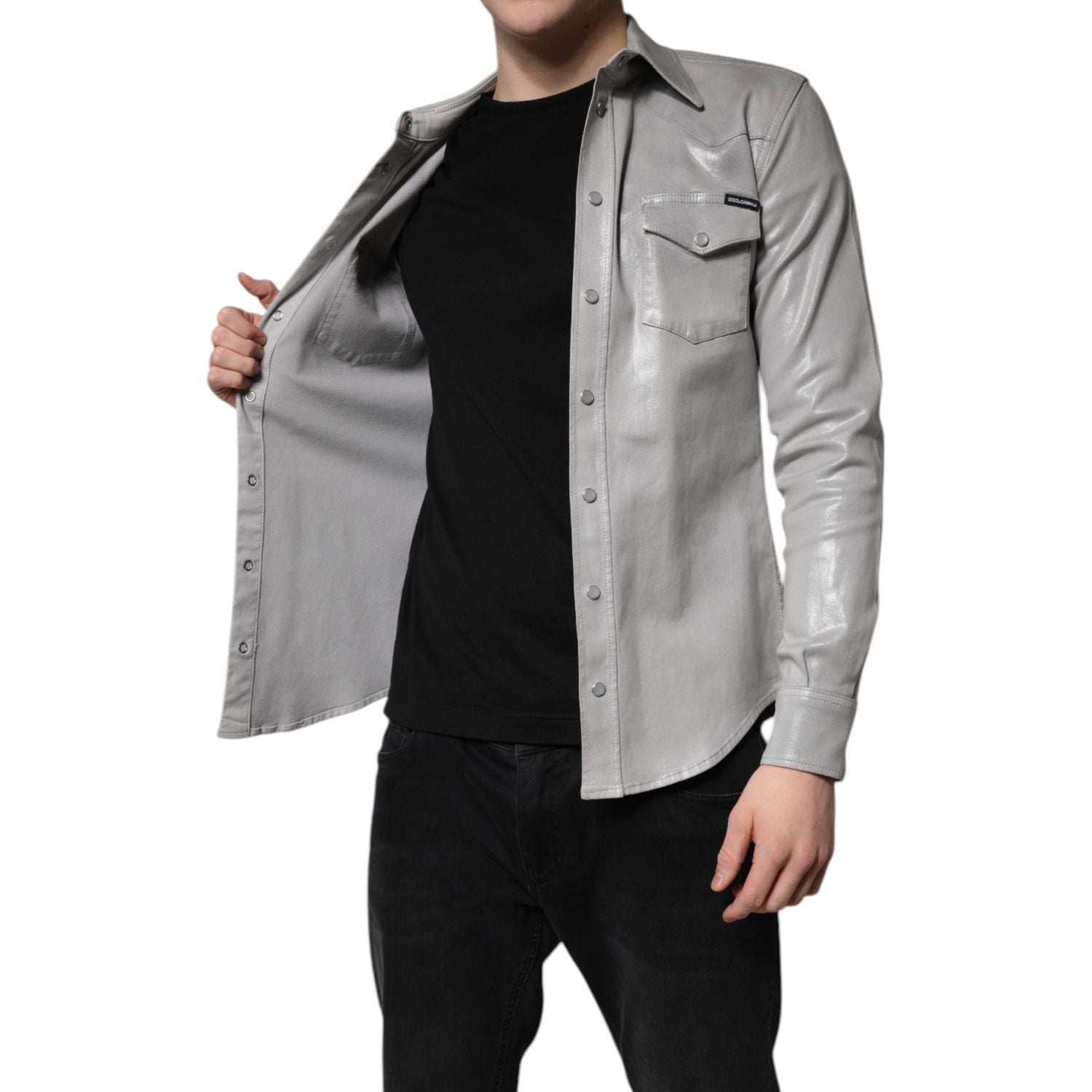 Dolce & Gabbana Metallic Gray Cotton Button Down Shirt