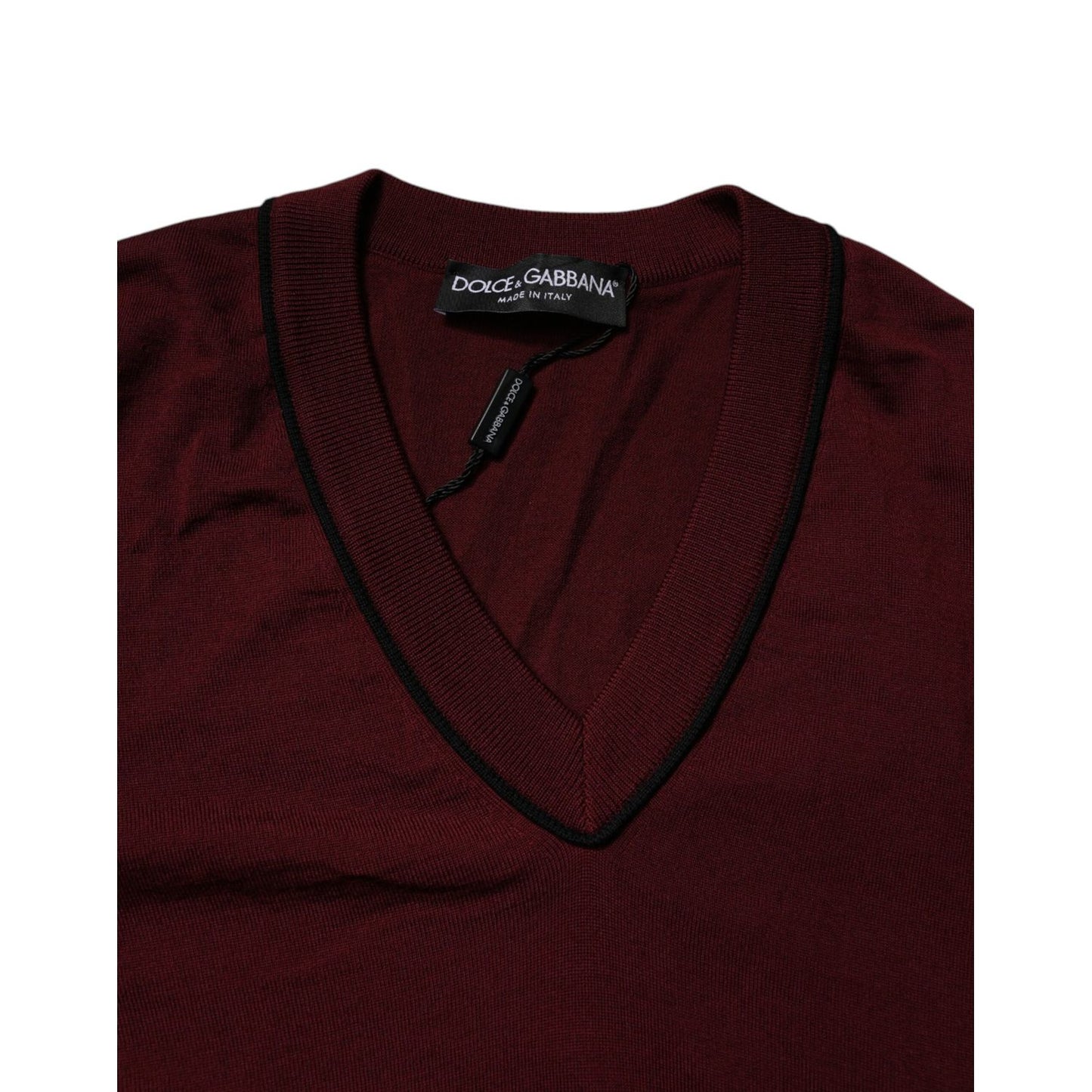 Dolce & Gabbana Maroon Cashmere V-neck Men Pullover Sweater