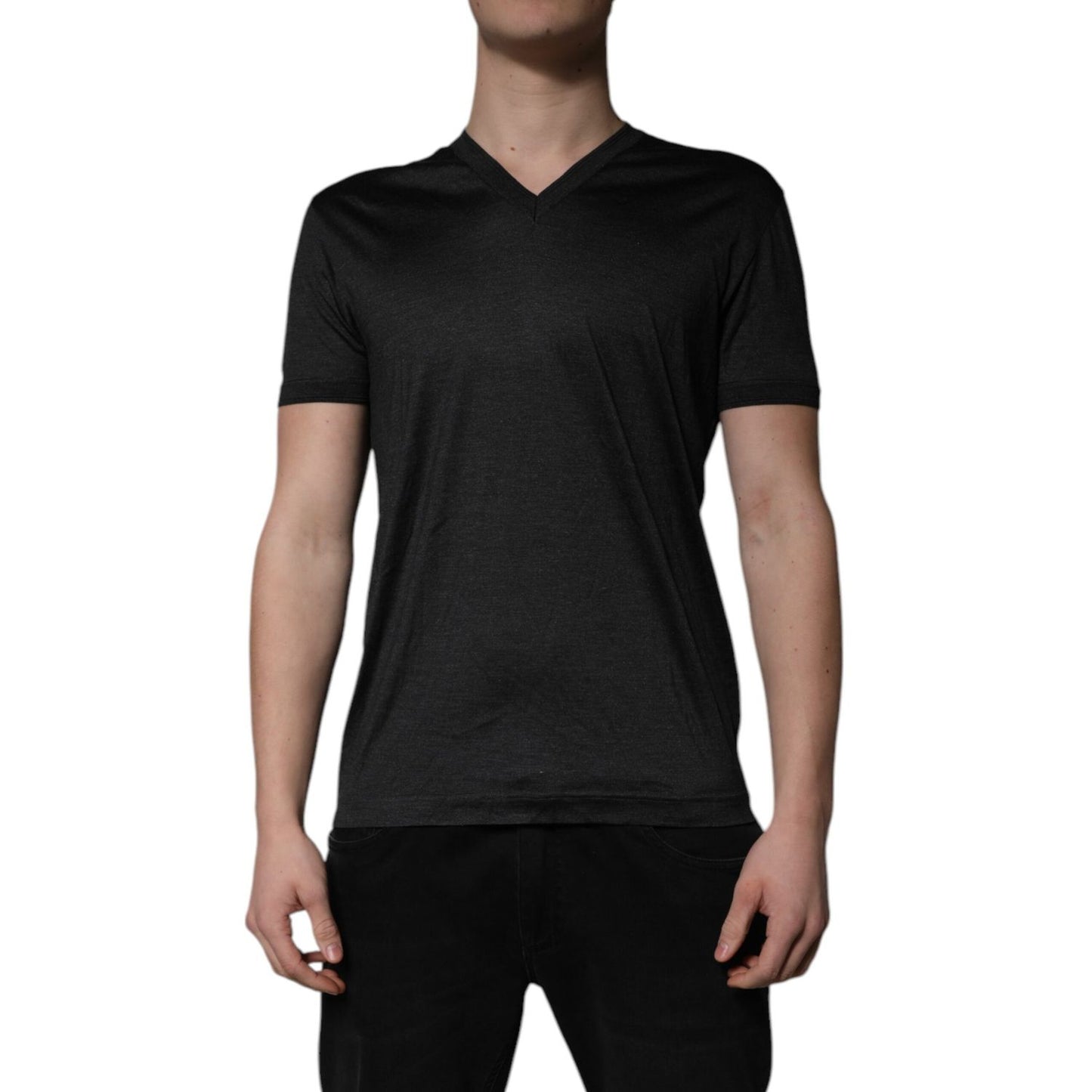 Dolce & Gabbana Dark Gray Silk V-neck Short Sleeves T-shirt