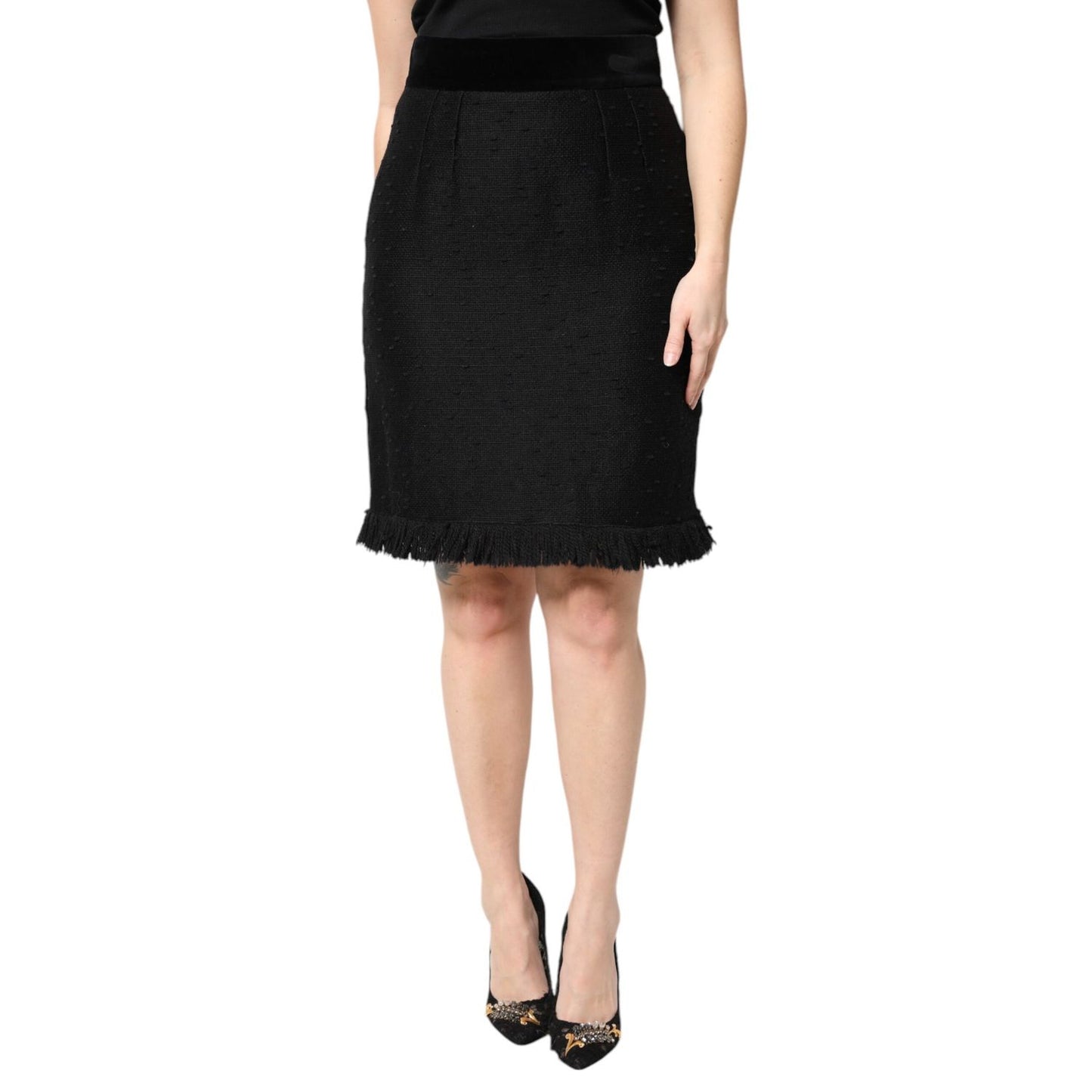 Dolce & Gabbana Black Wool Fringe High Waist Pencil Mini Skirt