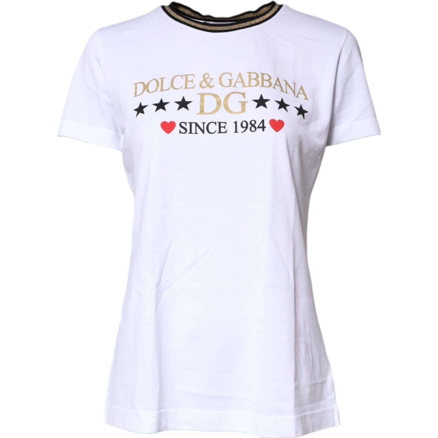 Dolce & Gabbana White Printed Round Neck Top Cotton T-shirt
