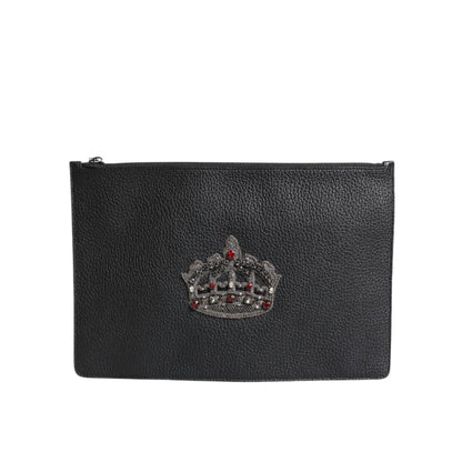Dolce & Gabbana Black Calfskin Crown Embellished Clutch Pouch Bag