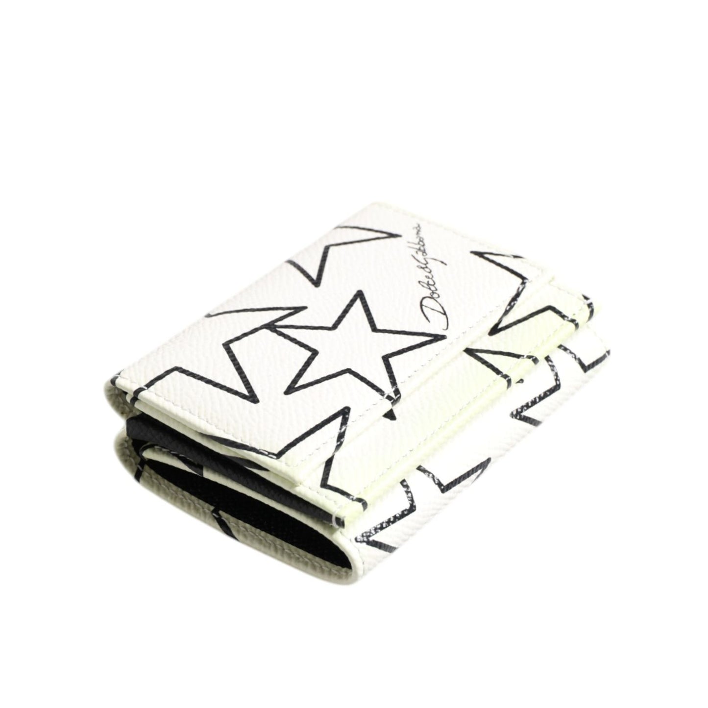 Dolce & Gabbana White Leather Trifold DG Star Print Card Holder Wallet