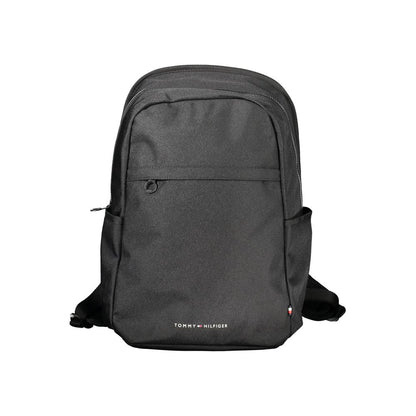 Tommy Hilfiger Black Polyester Backpack with adjustable straps, front pocket, and logo, ideal for laptops and documents.
