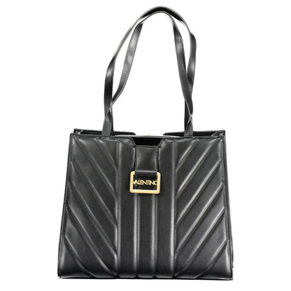 Mario Valentino Black Polyethylene Handbag with dual shoulder handles, chain handle, contrast details, logo, and multiple compartments.