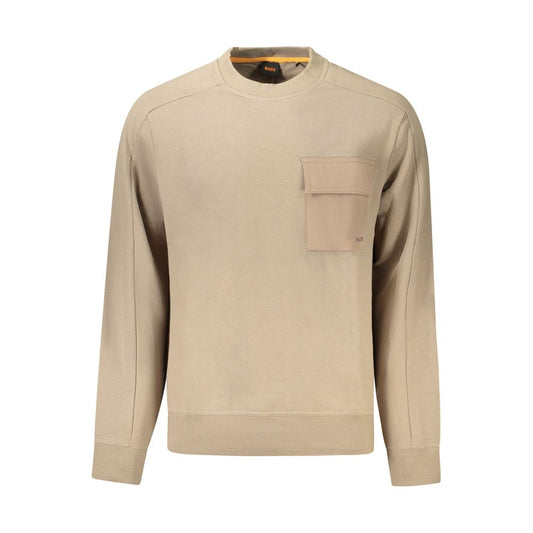Hugo Boss Beige Cotton Men Sweater with crew neck and logo embroidery