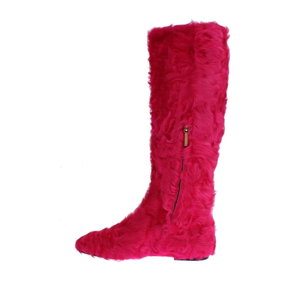 Dolce & Gabbana Pink Lamb Fur Leather Flat Boots
