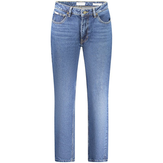 Guess Jeans Blue Cotton Jeans Denim with 5 pockets, washed effect, and button zip closure. Stylish mom jeans featuring Guess logo.