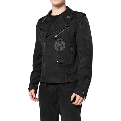 Dolce & Gabbana Black Brocade Cotton Full Zip Biker Jacket