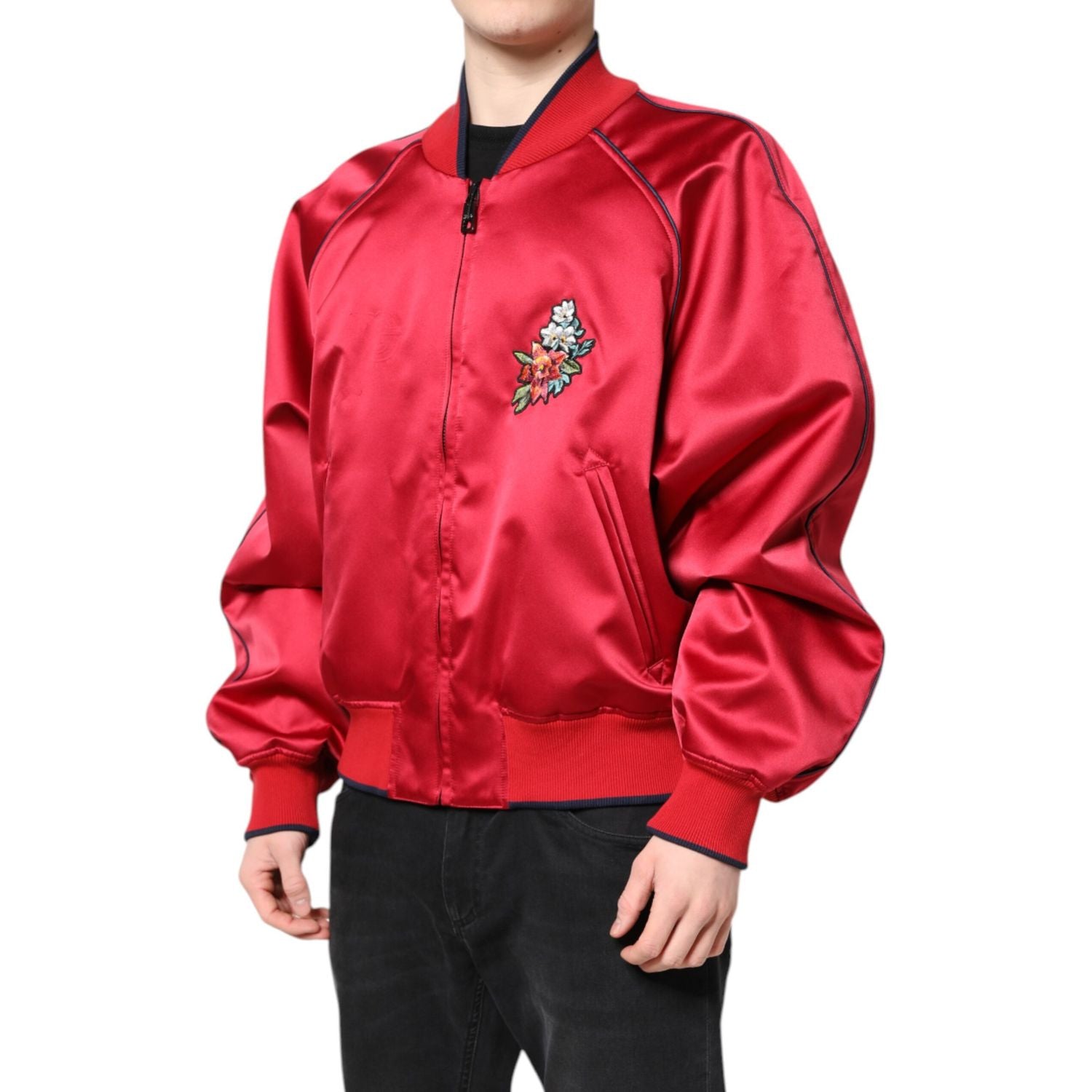 Dolce & Gabbana Red Floral Patch Full Zip Men Bomber Jacket