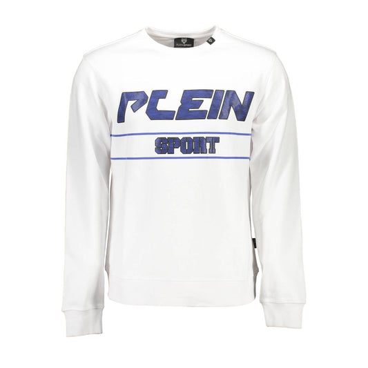 Plein Sport White Cotton Men Sweater with bold logo and crew neck design, long sleeves, contrasting details on premium cotton blend.