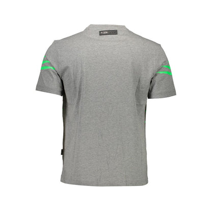 Back view of Plein Sport Brown Cotton Men T-Shirt with bold design and logo, showcasing the short sleeves and green contrast details.