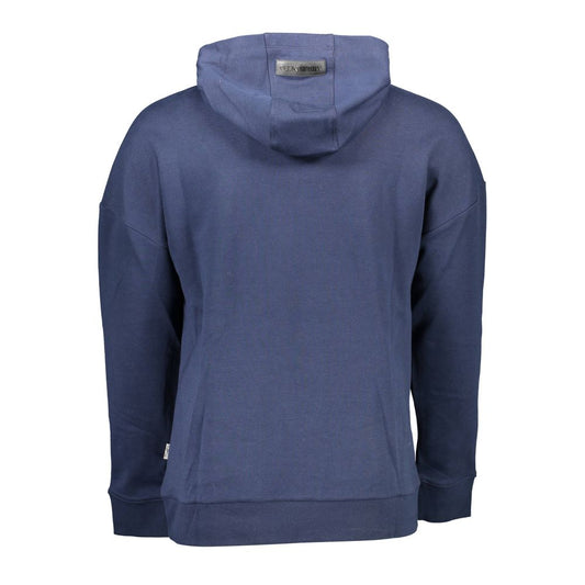 Back view of Plein Sport Blue Cotton Men Sweater hoodie showcasing luxury design and comfort.