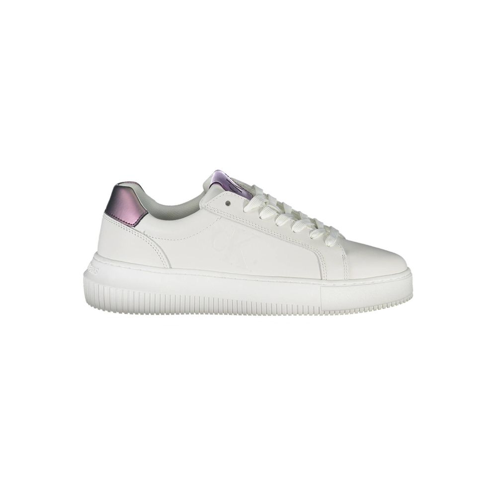 Calvin Klein White Leather Women Sneaker with sleek design and contrasting heel accents, highlighting stylish laces and iconic logo.