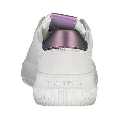Back view of Calvin Klein White Leather Women Sneaker with purple contrast detail and logo embossing.