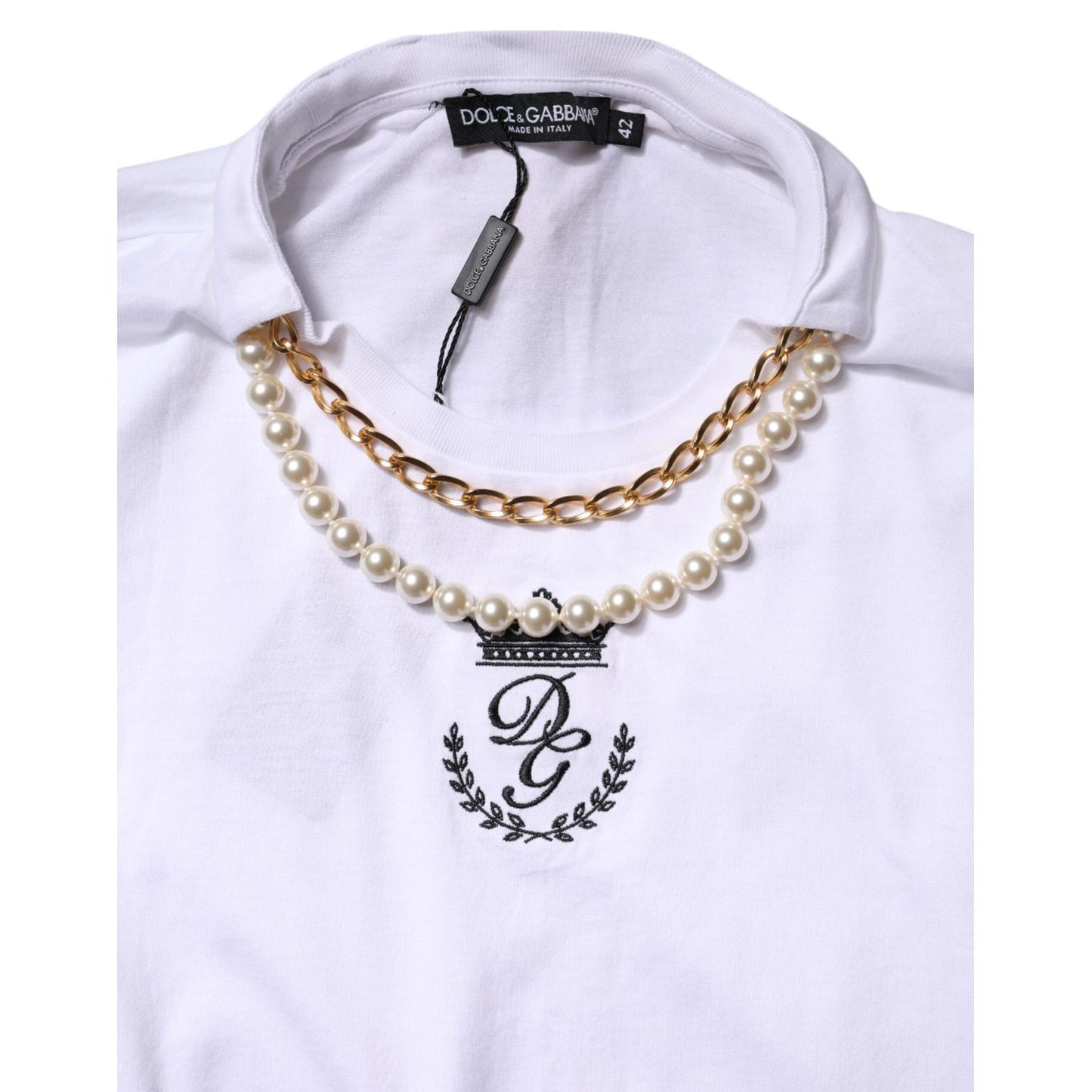 Dolce & Gabbana White Chain Pearl Cotton Round Neck T-shirt